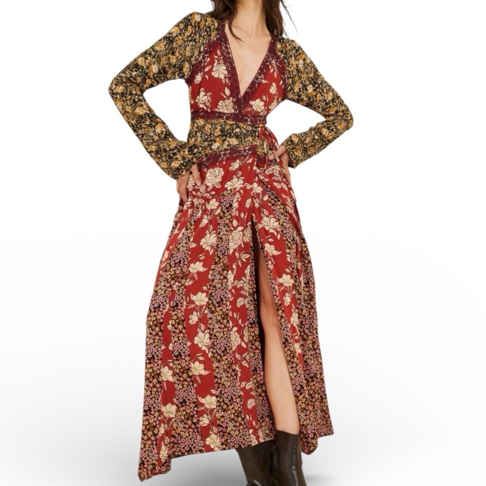Free People Tilda Wrap Dress Mixed Floral Lace Inset Long Maxi Sleeve Sz: S